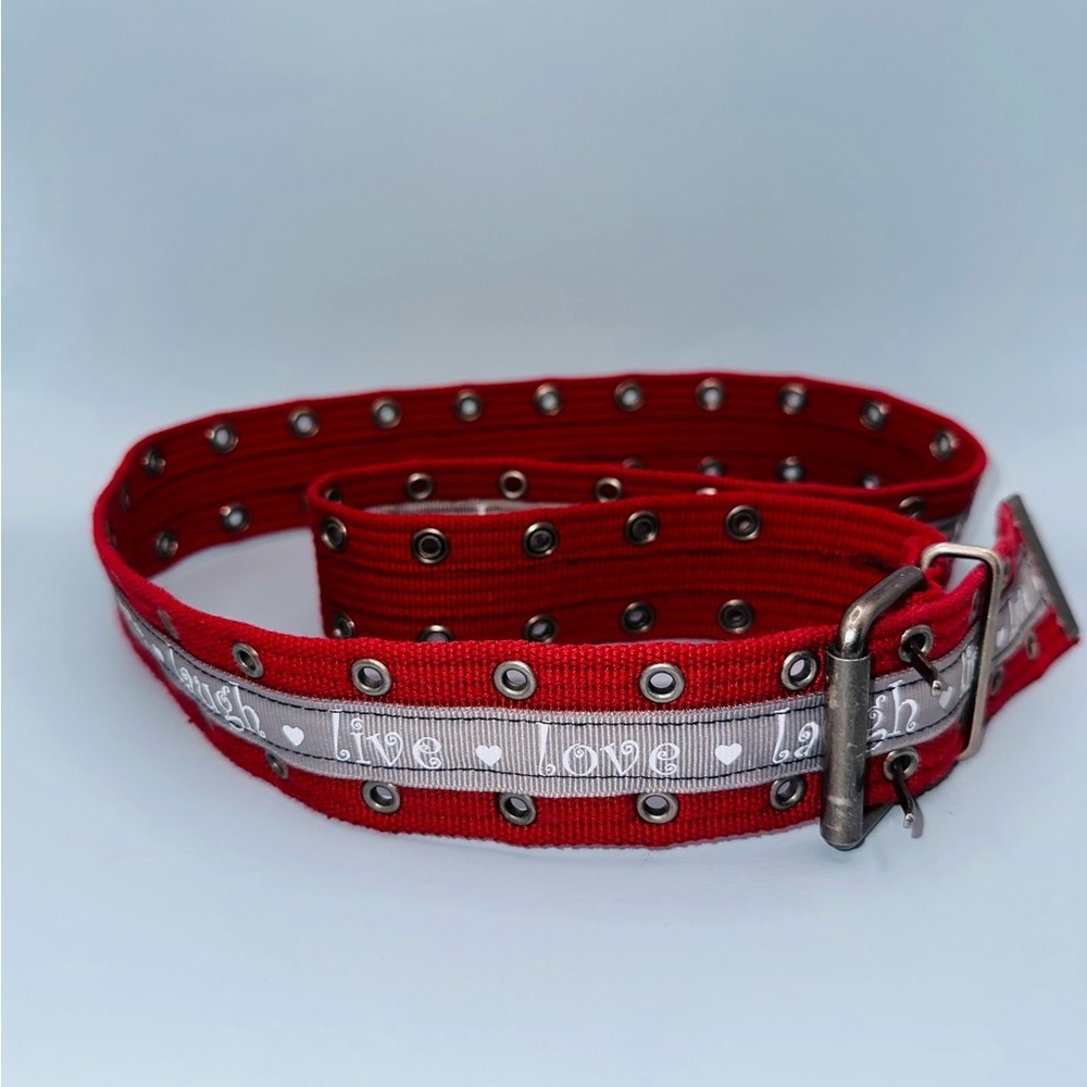 Red belt with ❤️live💜love♥️laugh ribbon. 1.5” wide x 39.5” and super adjustable - Picture 2 of 10